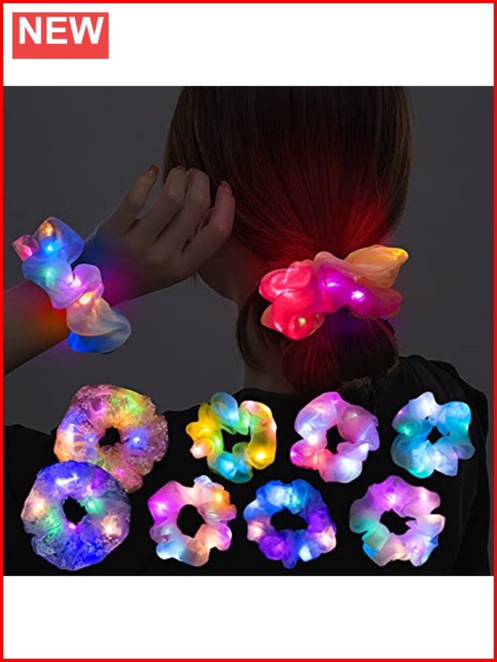 8 Pack LED Light Up Scrunchies Yarn Hair Ties Glow Party Accessories